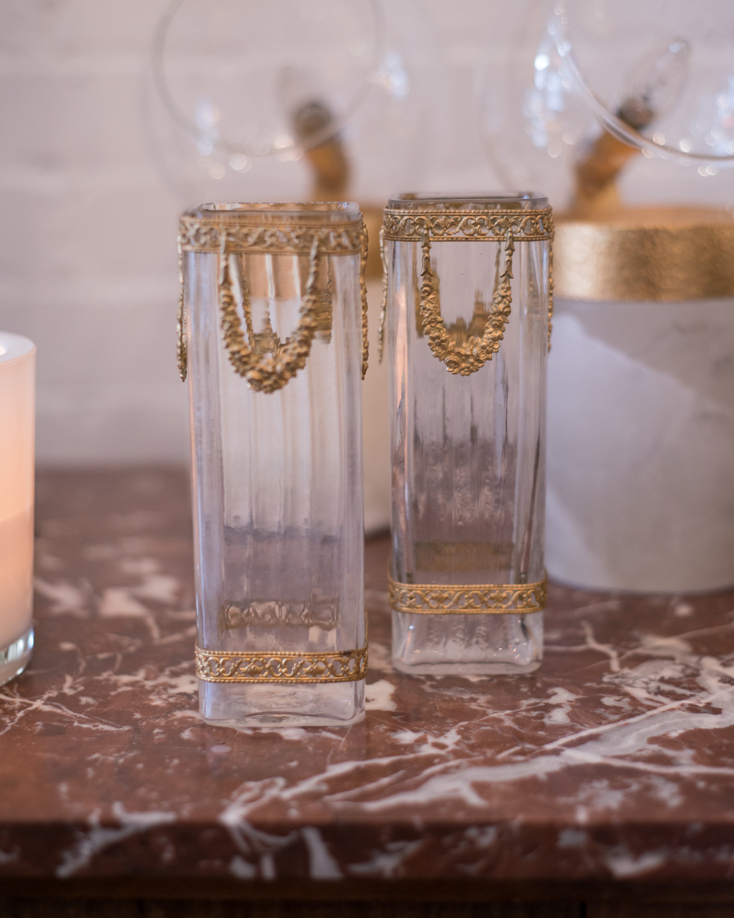 ANTIQUE FRENCH PAIR OF GILT VASES WITH ORMOLU