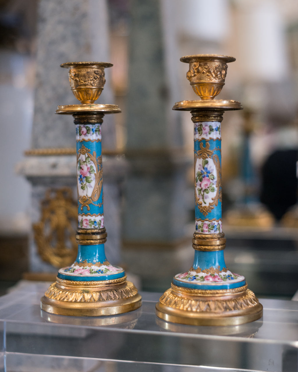 ANTIQUE PAIR OF SÈVRES & BRONZE CANDLESTICKS