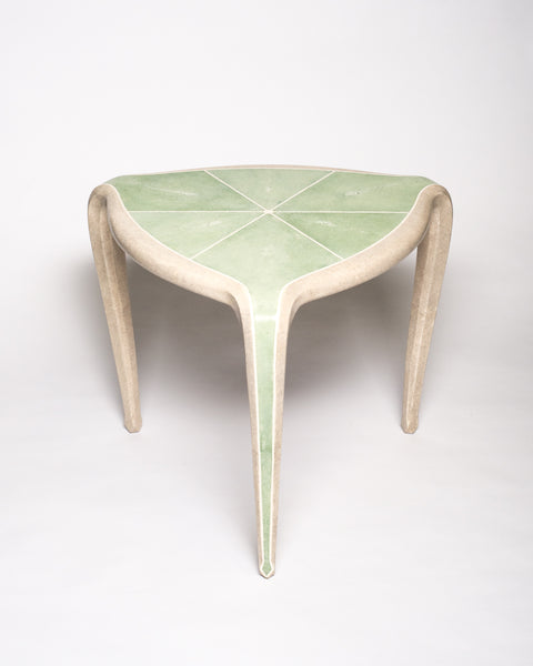 Maison Nurita is a destination for the most unusual and rare items for your home. This Tripod Table is crafted of a sycamore wood frame and completely covered in celadon green & crème Shagreen and inlaid with bone. Our tables are custom designed. Instead of traditional neutrals, Maison Nurita offers Shagreen furniture in a palette of unique colours.