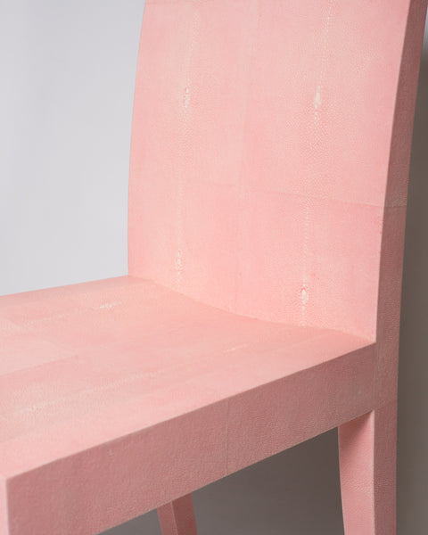 This Shagreen Chair was designed by Nurit for her own personal office. The refined tapered leg is capped with a bone toe. Working with the vendor in Asia, Nurit developed this particular genteel shade of pink called Rose de Paris. This elegant yet modern chair is well suited for a bathroom, a woman’s vanity or a desk. Maison Nurita invites you to take a seat.