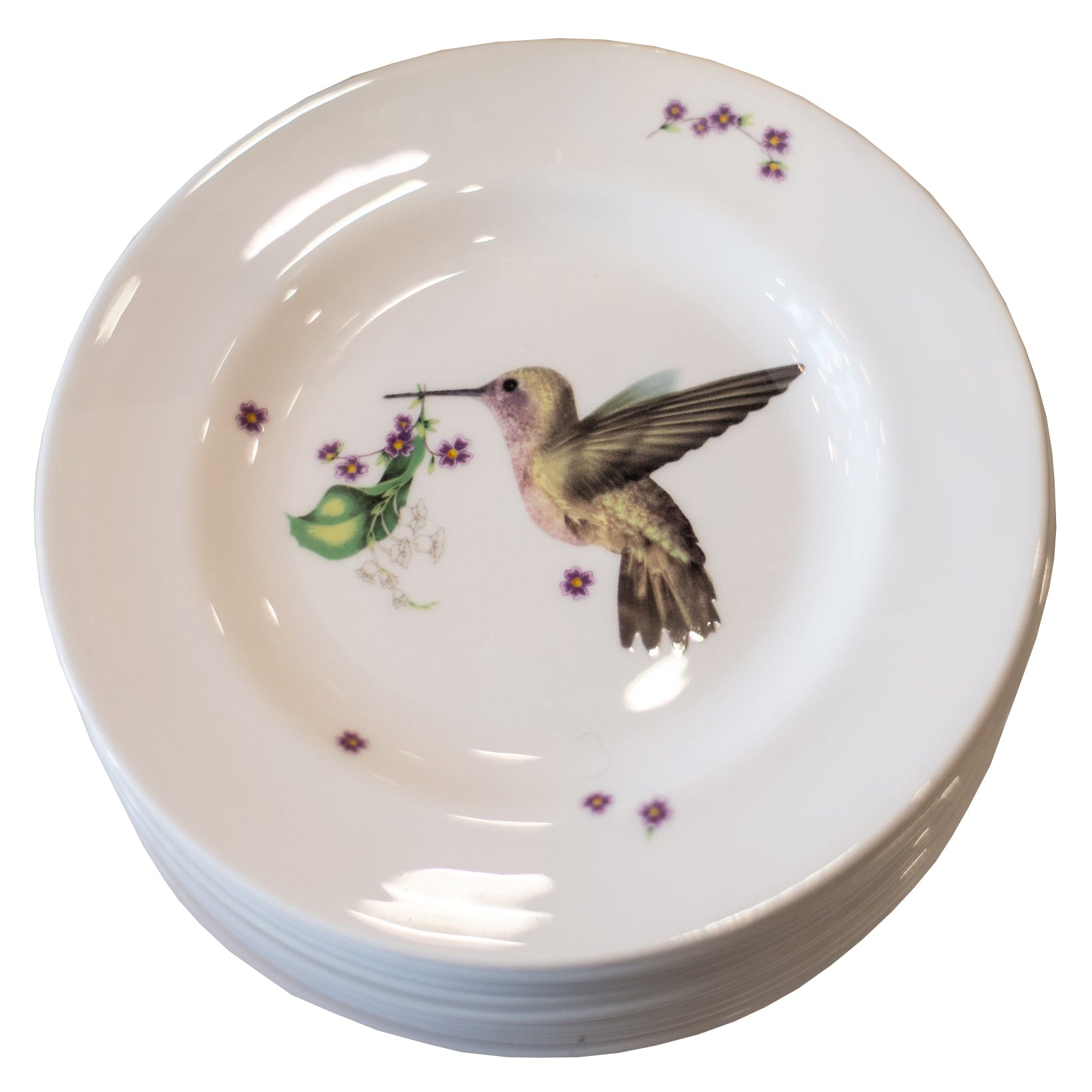 CONTEMPORARY SET OF 6 HUMMINGBIRD TEA PLATES, LOU ROTA LONDON