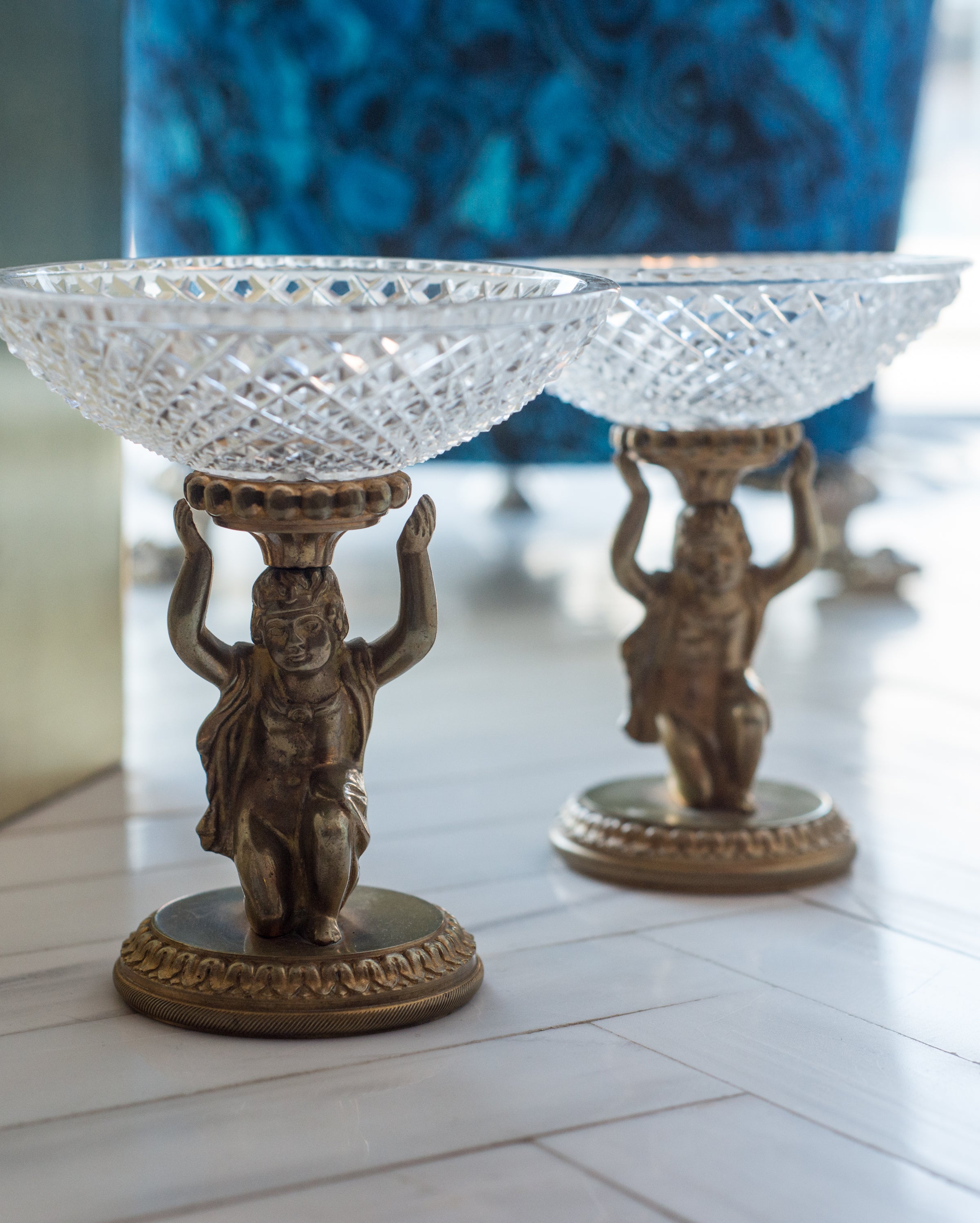 ANTIQUE PAIR OF BACCARAT CHERUB COMPOTES