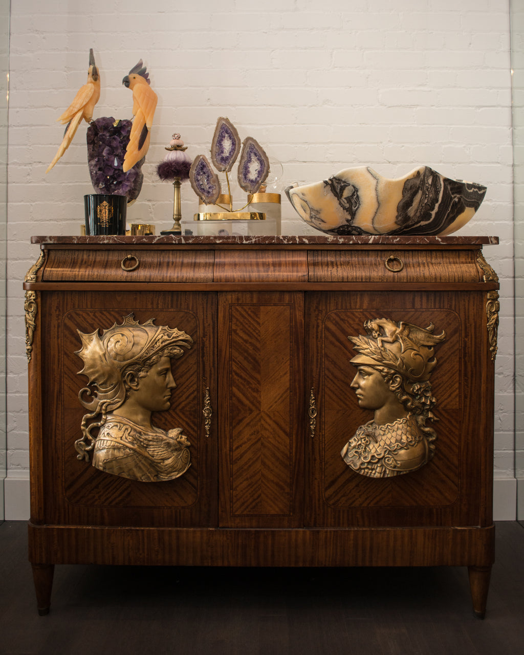 ANTIQUE FRENCH COMMODE WITH BRONZE RELIEFS
