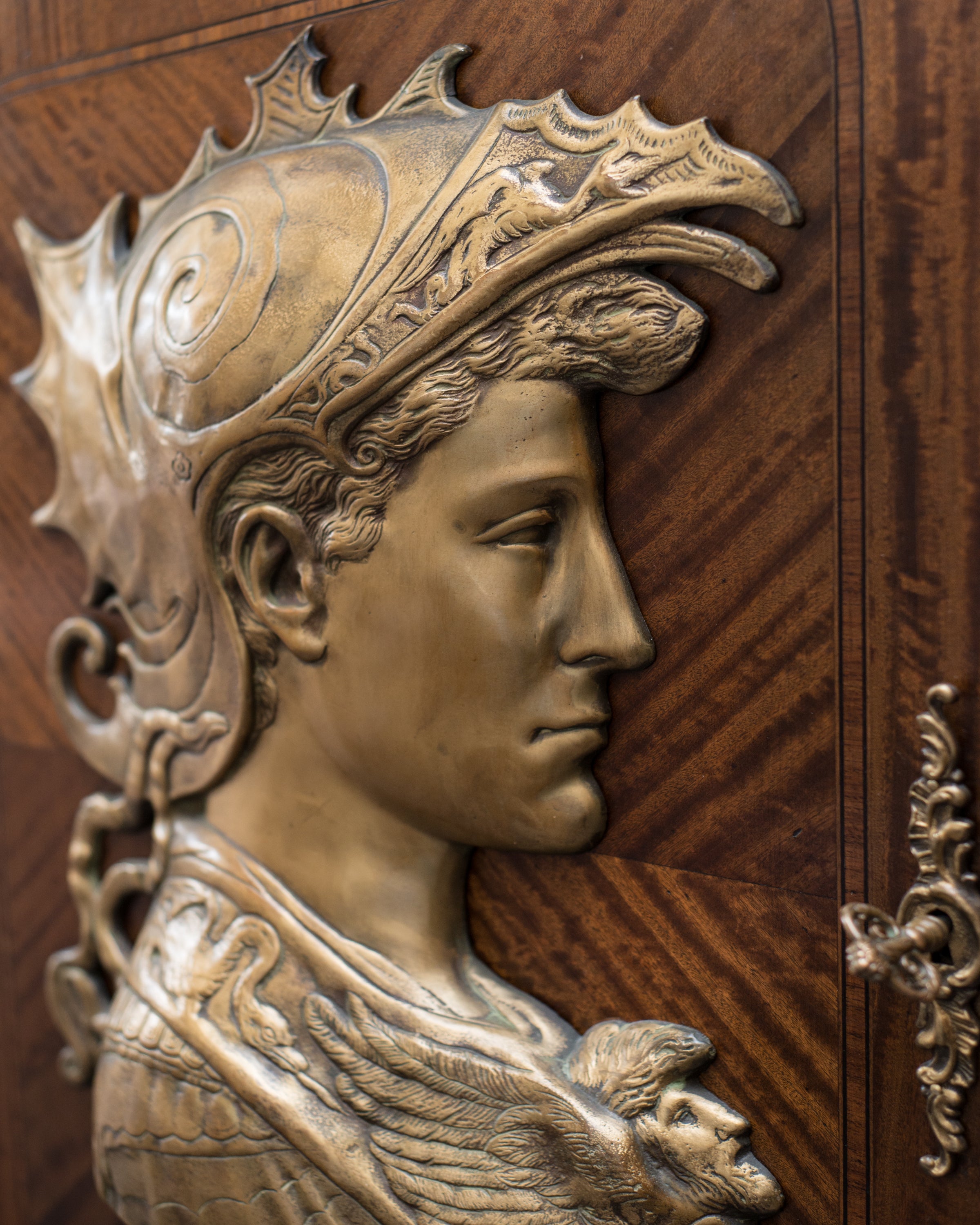 ANTIQUE FRENCH COMMODE WITH BRONZE RELIEFS