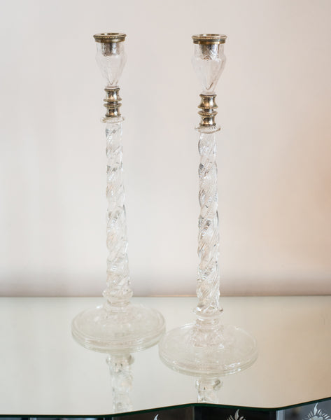 ANTIQUE PAIR OF CRYSTAL AND STERLING SILVER CANDLESTICKS
