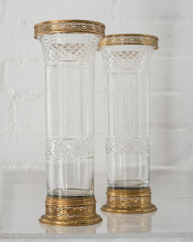 ANTIQUE FRENCH PAIR OF CUT CRYSTAL & BRONZE VASES