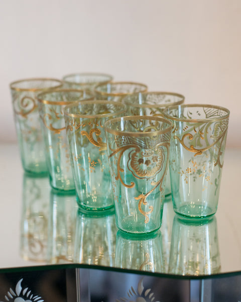 ANTIQUE SET OF 8 MOSER GREEN TEA GLASSES