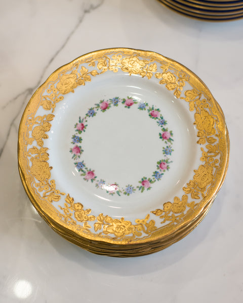ANTIQUE SET OF 11 DESSERT PLATES EMBOSSED WITH GOLD FLOWERS