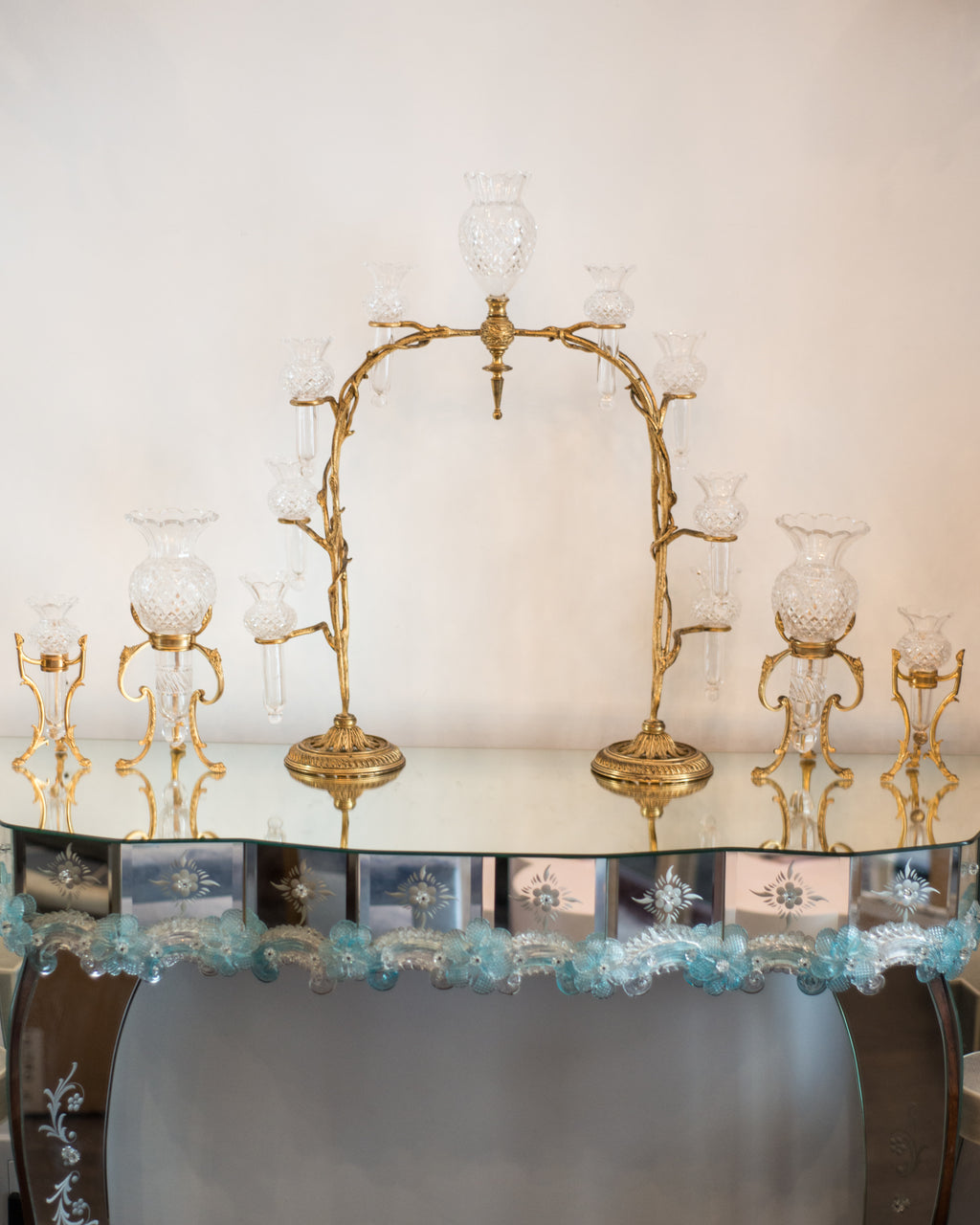 ANTIQUE BACCARAT BRASS & CUT CRYSTAL CENTERPIECE