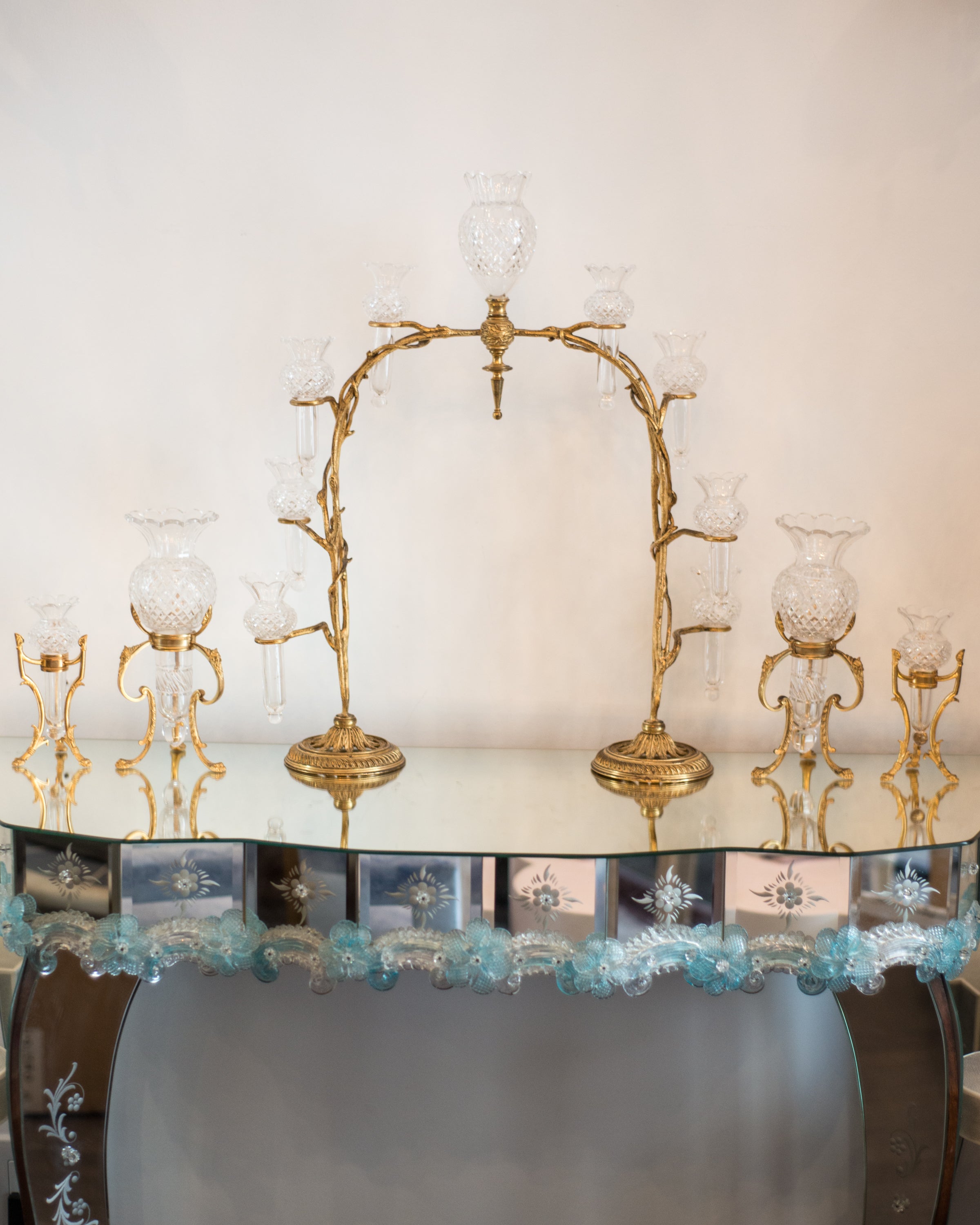 ANTIQUE BACCARAT BRASS & CUT CRYSTAL CENTERPIECE