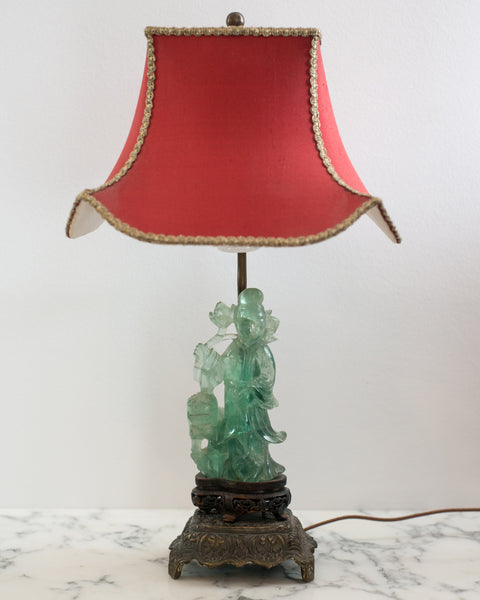 A beautiful small Antique Chinese carved fluorite lamp on a bronze base with a custom "Pagoda" shade in red silk and vintage metallic trim, re-wired with a silk cord.