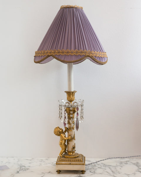 ANTIQUE FRENCH BRONZE AND MARBLE LAMP WITH AMETHYST DROPS AND A CUSTOM SILK SHADE