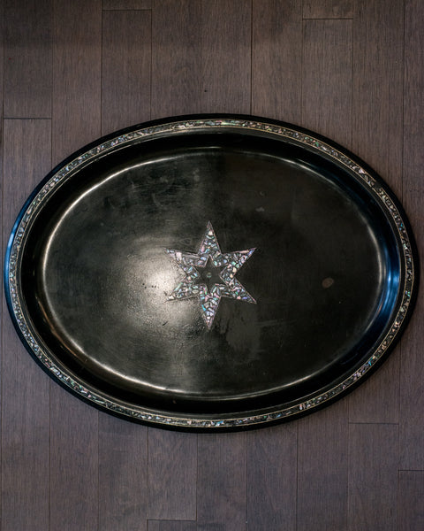ANTIQUE DUTCH BLACK METAL TRAY WITH MOTHER OF PEARL STAR