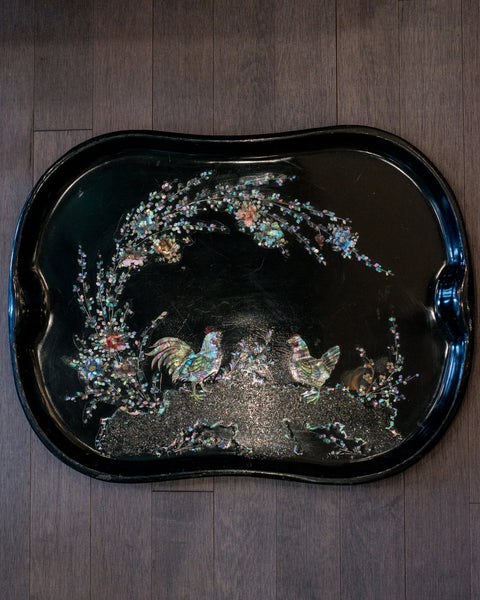 ANTIQUE DUTCH BLACK METAL TRAY WITH MOTHER OF PEARL ROOSTERS
