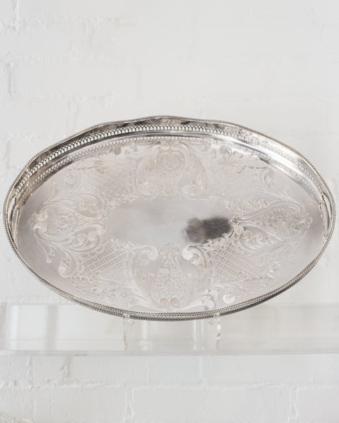 ANTIQUE LARGE SILVER PLATE OVAL TRAY WITH A GALLERY