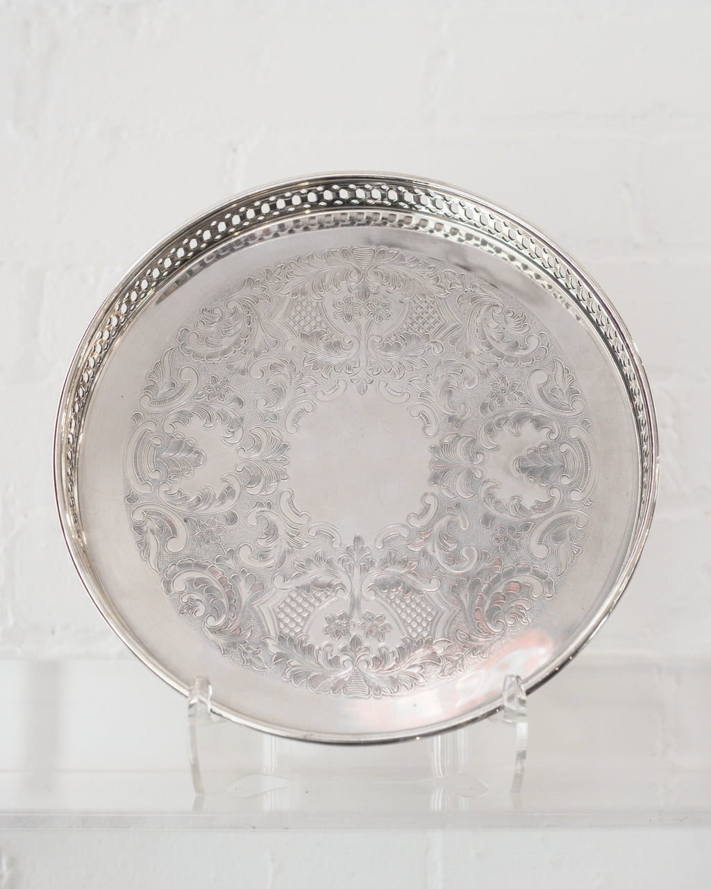 ANTIQUE SMALL SILVER PLATE TRAY WITH A GALLERY