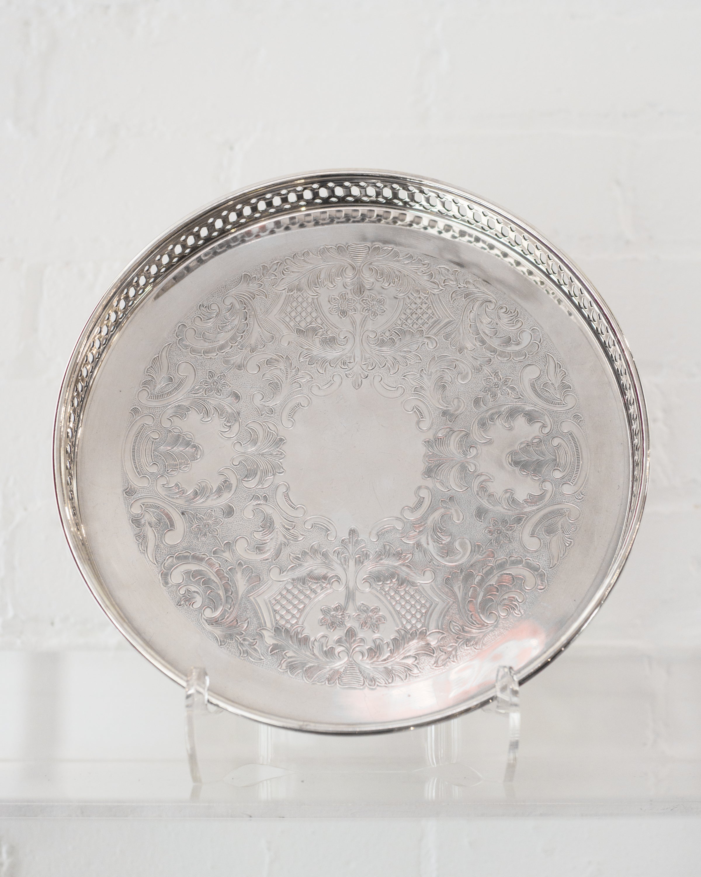 ANTIQUE SMALL SILVER PLATE TRAY WITH A GALLERY