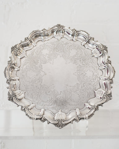 ANTIQUE SMALL SILVER PLATE TRAY WITH SCALLOPED EDGE