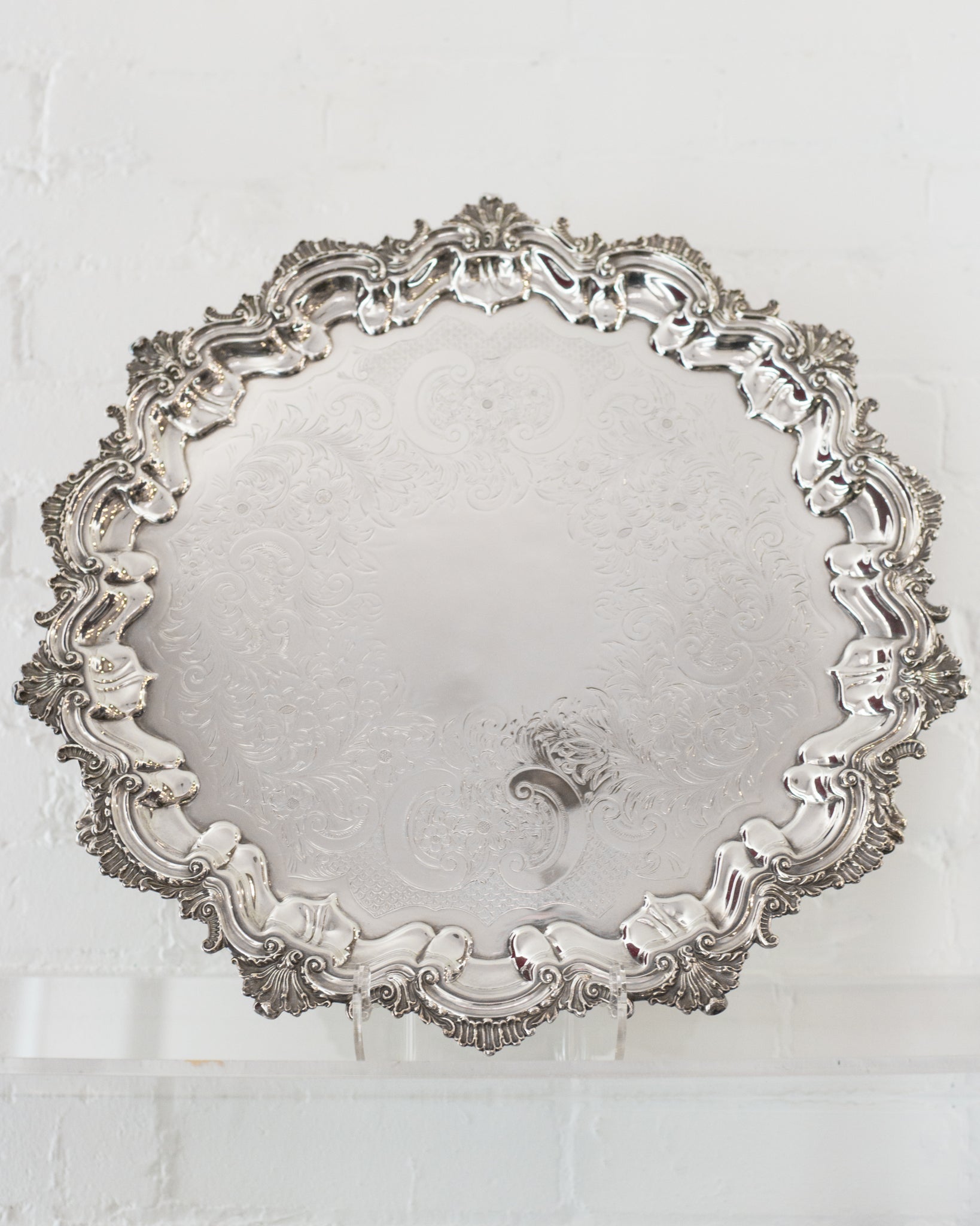 ANTIQUE LARGE SILVER PLATE TRAY WITH SCALLOPED EDGE ON FEET