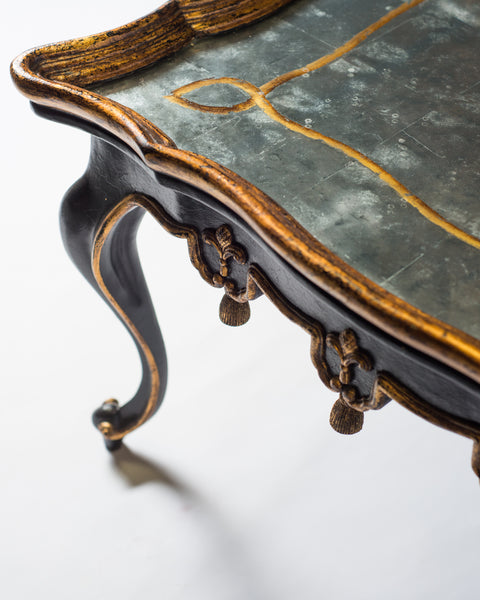 PAIR OF BLACK & GILDED COFFEE TABLES WITH EGLOMISE TOPS