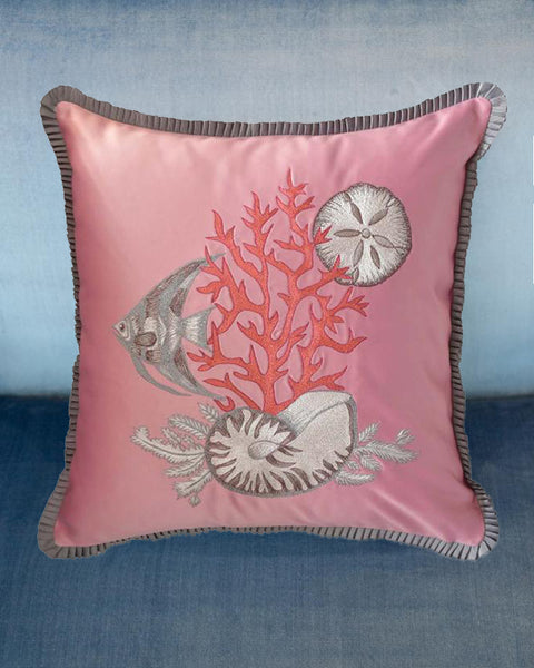 PAIR OF EMBROIDERED SILK SATIN PILLOW WITH SHELLS