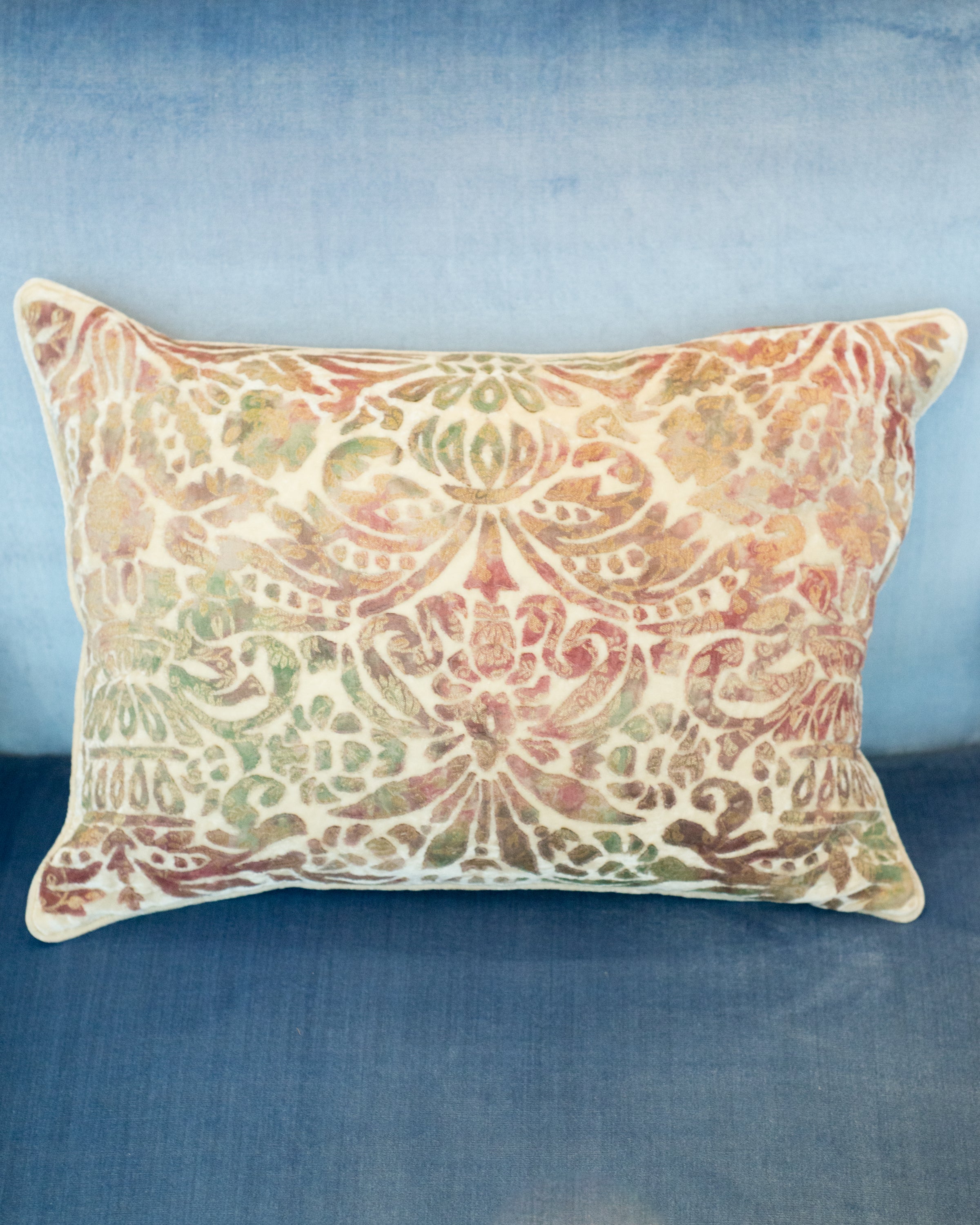 GAUFRAGE PILLOW IN IVORY WITH GREEN & RED VELVET