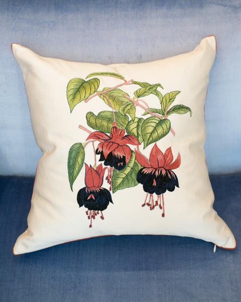 CRÈME SILK PILLOW WITH EMBROIDERED FUCHSIAS