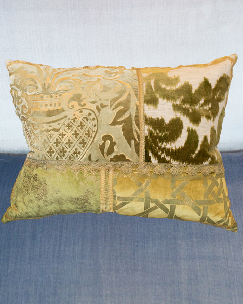 STUDIO MAISON NURITA LARGE GREEN PATCHWORK PILLOW IN A VARIETY OF SILKS AND VELVETS WITH METALLIC VINTAGE TRIMS