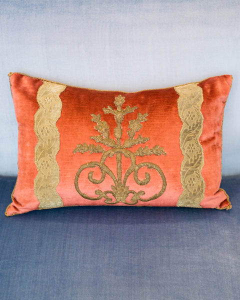 CORAL VELVET PILLOW WITH ANTIQUE OTTOMAN EMPIRE METALLIC EMBROIDERY