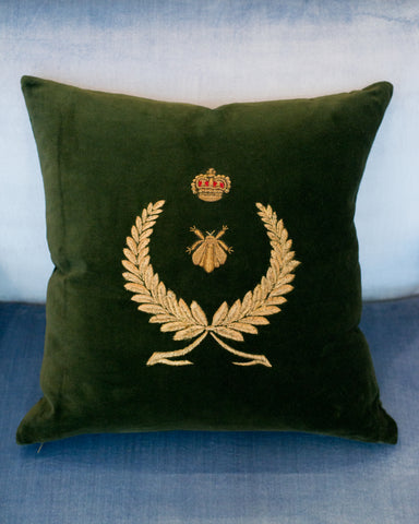 EMBROIDERED GOLD WREATH ON COTTON VELVET PILLOW WITH METALLIC GOLD BEE AND CROWN