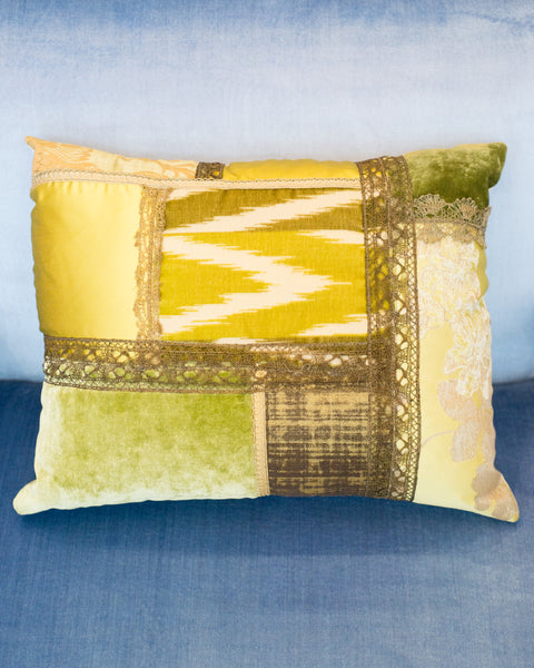 STUDIO MAISON NURITA GREEN PATCHWORK PILLOW IN A VARIETY OF SILKS AND VELVETS WITH METALLIC VINTAGE TRIMS