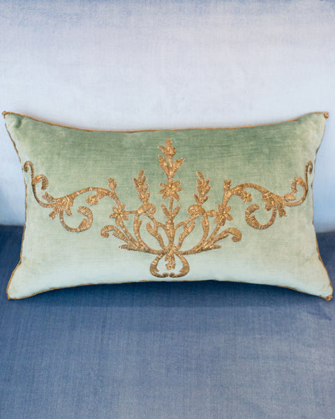 AQUA VELVET PILLOW WITH ANTIQUE OTTOMAN EMPIRE METALLIC EMBROIDERY