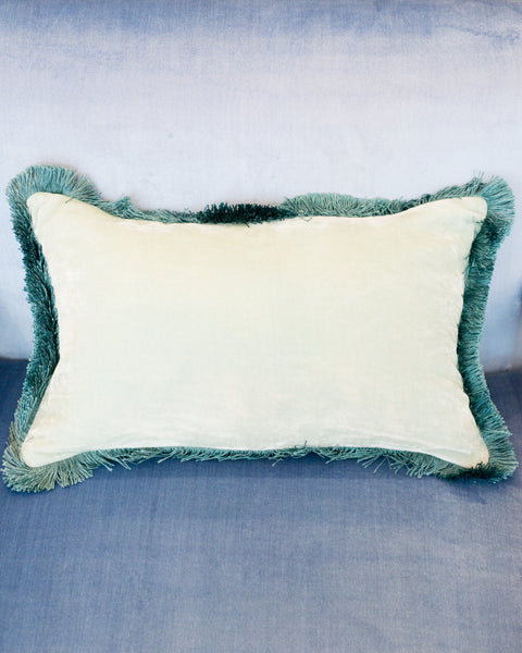 GLACIER BLUE SILK VELVET PILLOW WITH BLUE FRINGE