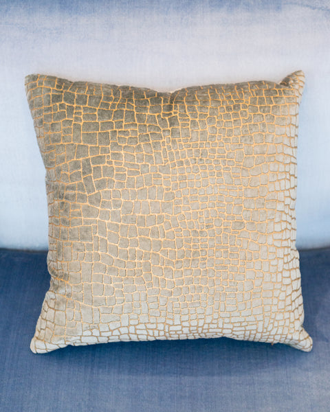 PALE BLUE & GOLD CROCODILE VELVET PILLOW