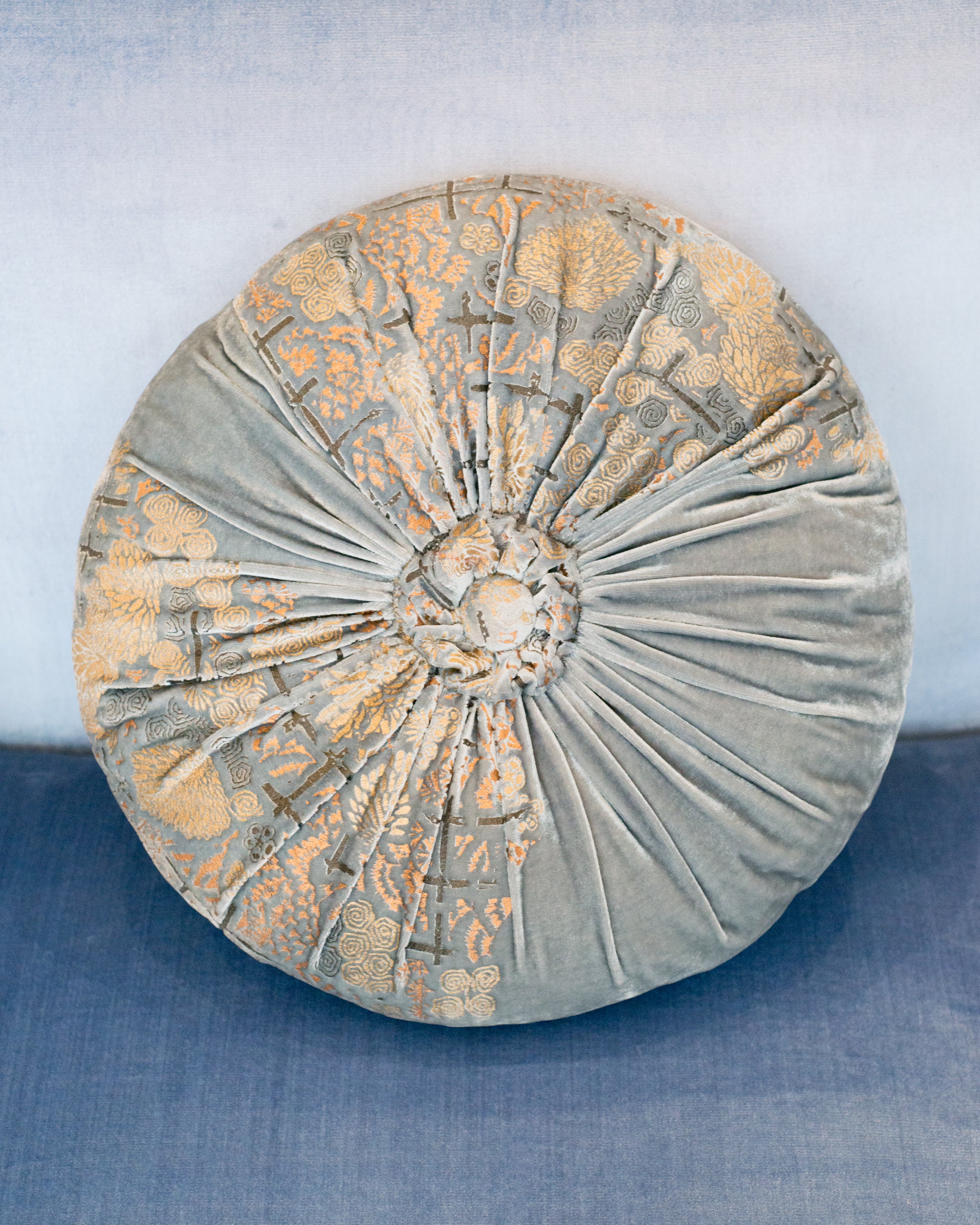ROUND BLUE & GOLD VELVET PILLOW
