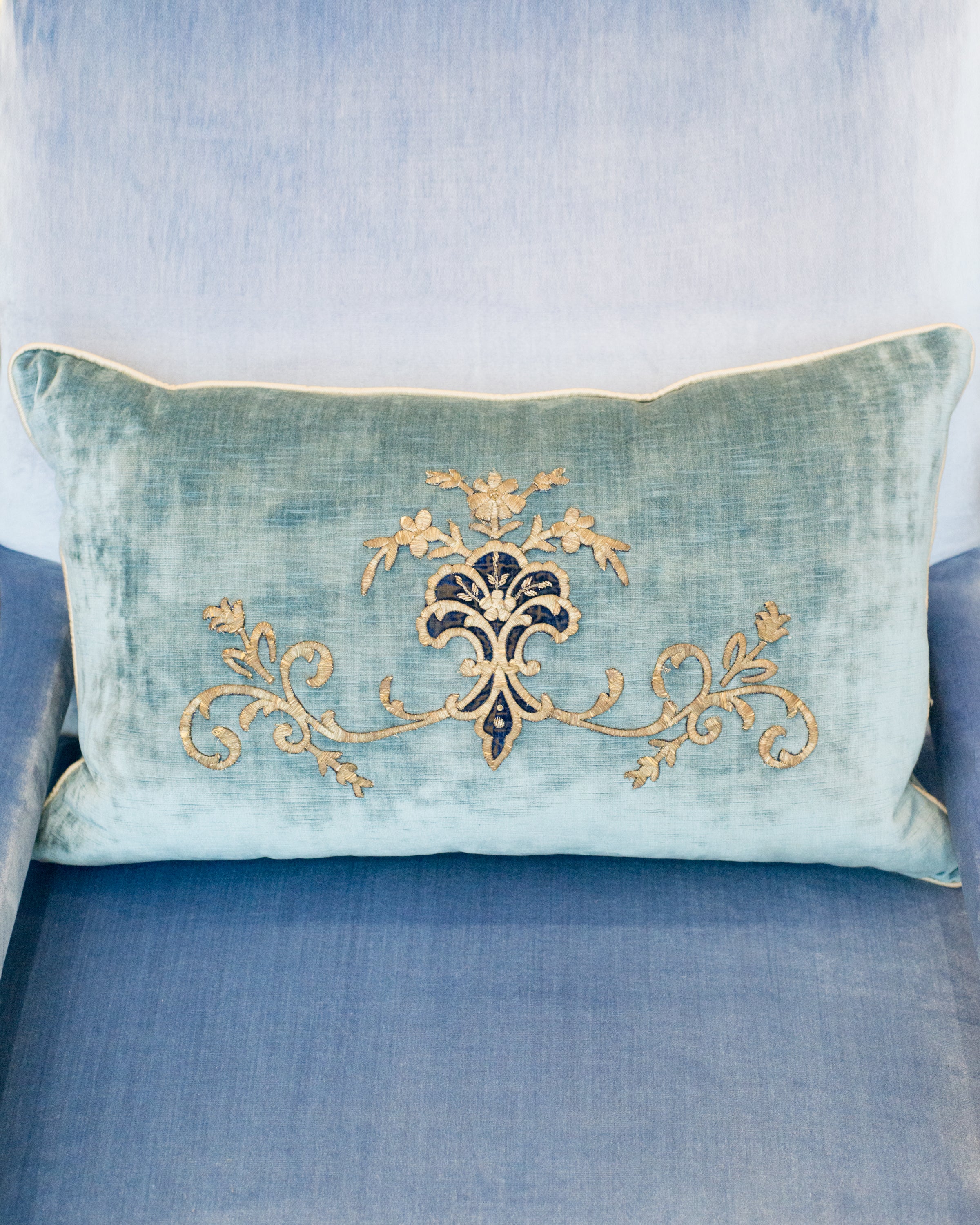 LARGE BLUE VELVET PILLOW WITH ANTIQUE METALLIC EMBROIDERY