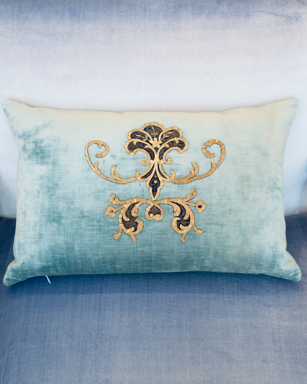 BLUE VELVET PILLOW WITH ANTIQUE METALLIC EMBROIDERY