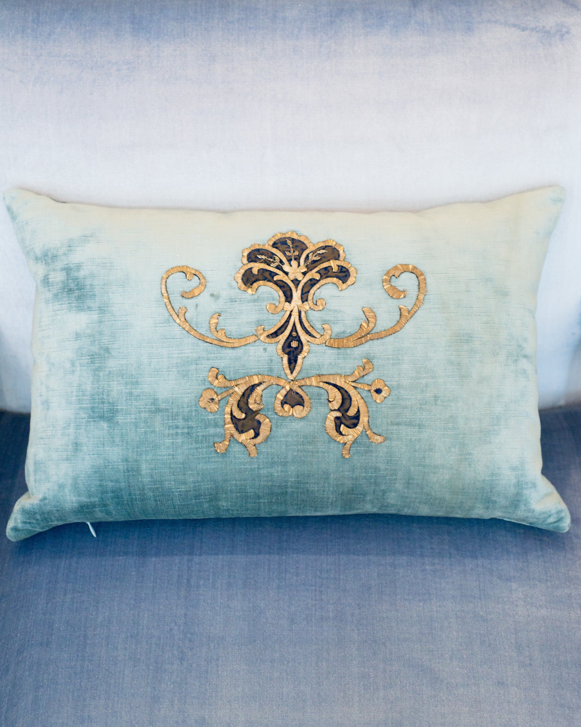 BLUE VELVET PILLOW WITH ANTIQUE METALLIC EMBROIDERY