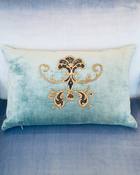 BLUE VELVET PILLOW WITH ANTIQUE METALLIC EMBROIDERY