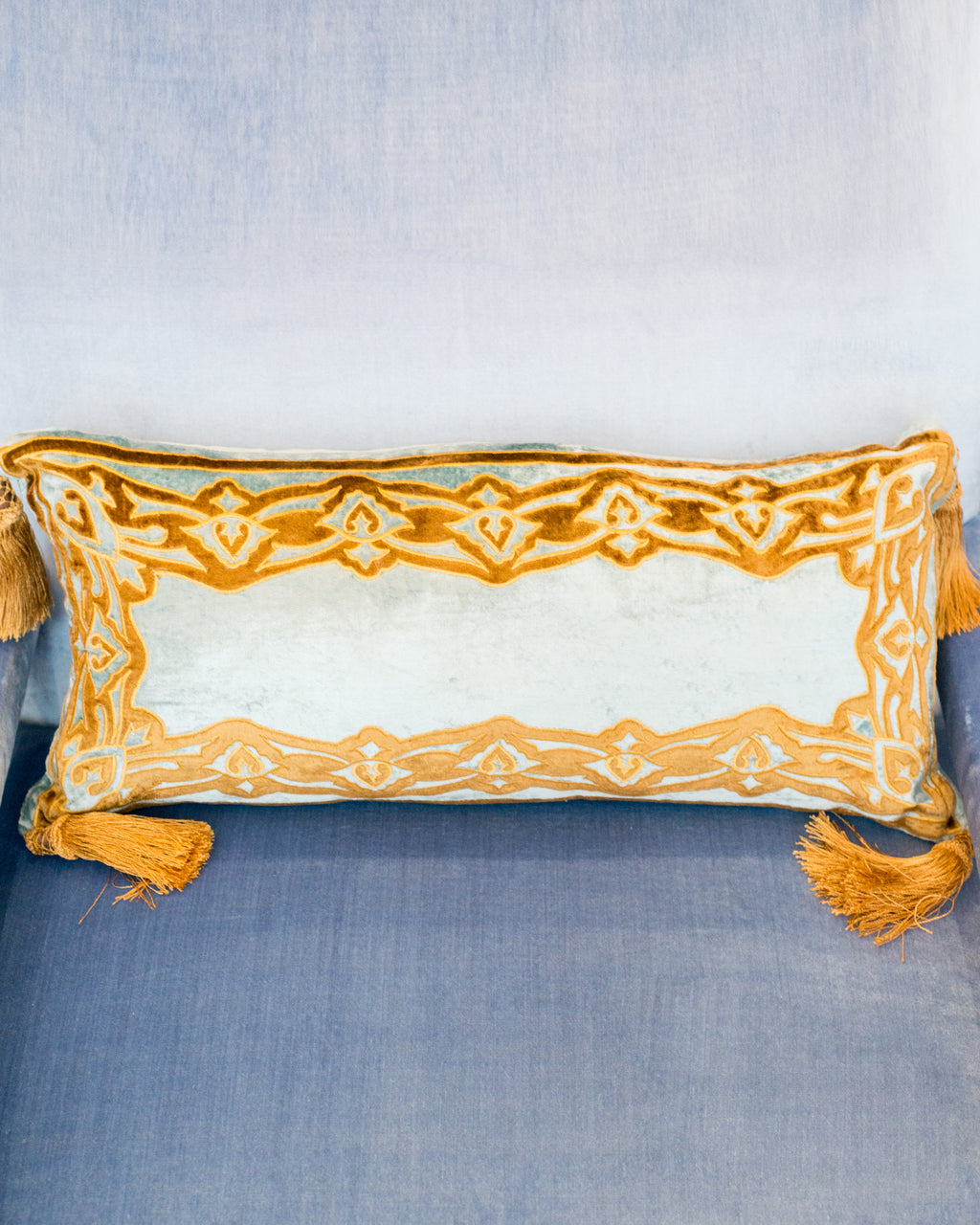 BLUE VELVET PILLOW WITH GOLD BORDER AND TASSELS