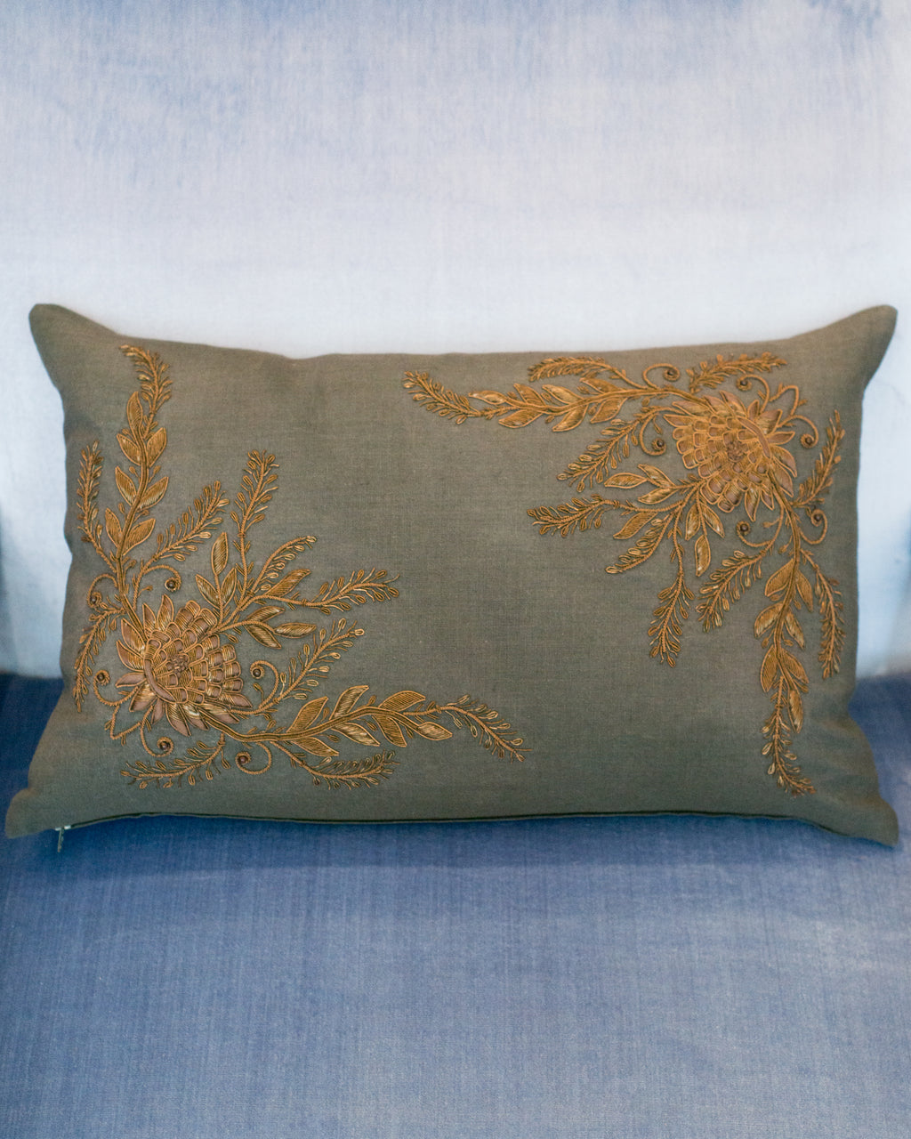 FLORAL METALLIC EMBROIDERED PILLOW ON LINEN