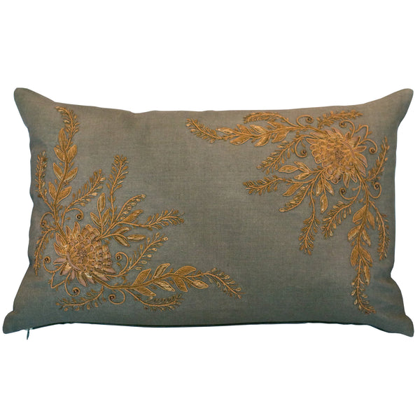 FLORAL METALLIC EMBROIDERED PILLOW ON LINEN