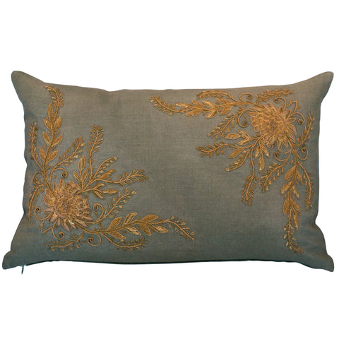 FLORAL METALLIC EMBROIDERED PILLOW ON LINEN