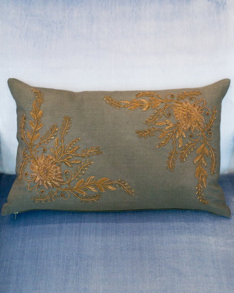 FLORAL METALLIC EMBROIDERED PILLOW ON LINEN