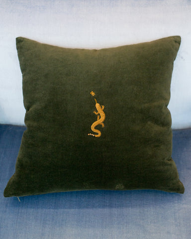 COTTON VELVET  PILLOW WITH GOLD METALLIC EMBROIDERED SALAMANDER