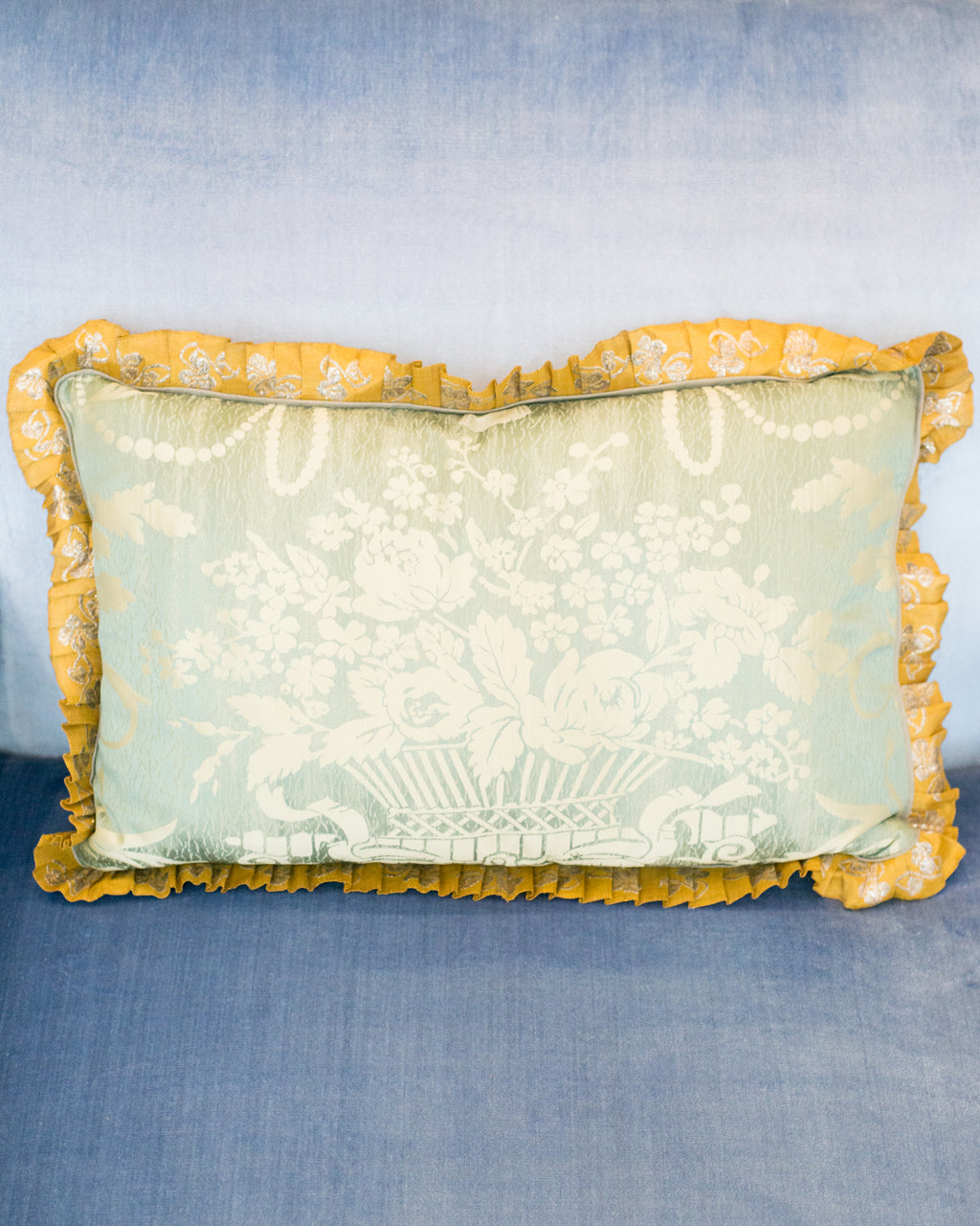 PAIR OF SILK PILLOWS WITH VINTAGE METALLIC LACE TRIM