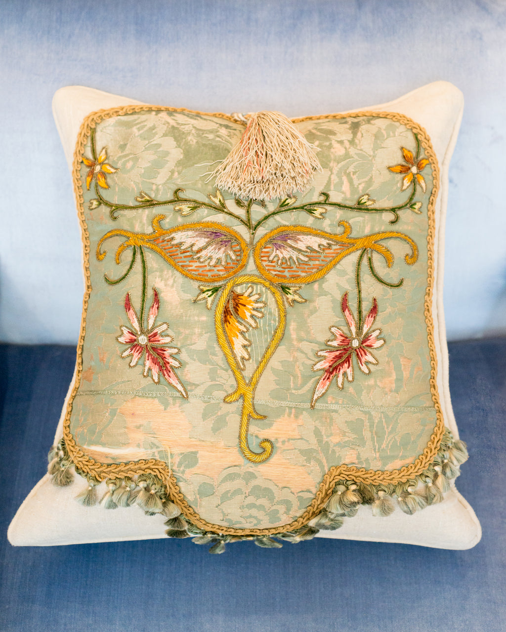 LINEN PILLOW WITH ANTIQUE EMBROIDERED PANEL