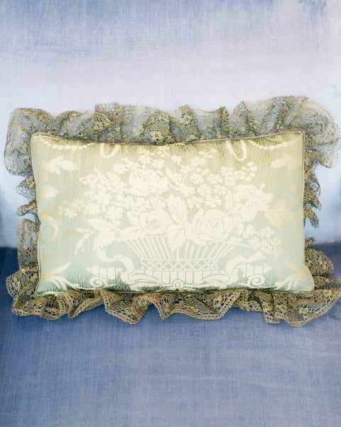 PAIR OF SILK PILLOWS WITH VINTAGE METALLIC LACE TRIM