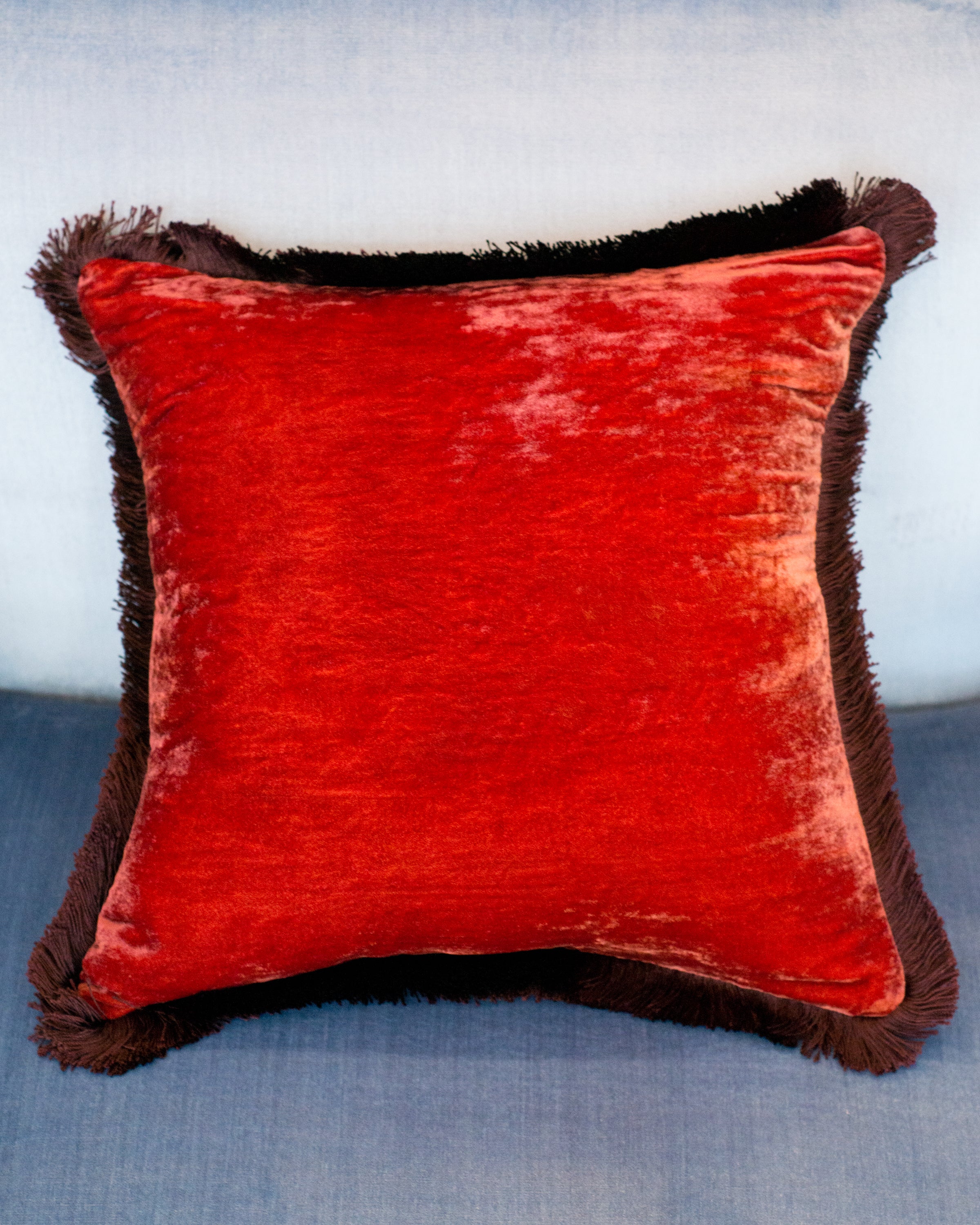 DARK ROSE SILK VELVET PILLOW WITH AUBERGINE FRINGE
