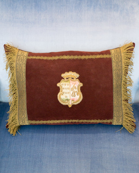 ANTIQUE BURGUNDY VELVET PILLOW WITH TRIM